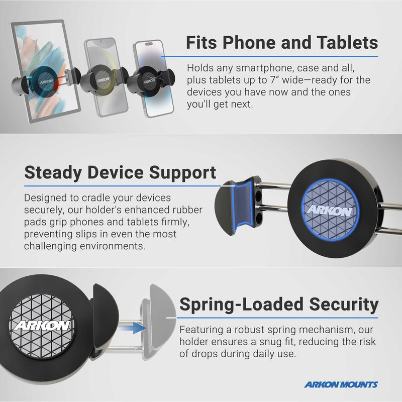 The RoadVise® Phone Holder with Car Headrest Mount secures phones using rubber padded grips and a spring-loaded mechanism, providing stable backseat entertainment and reliable drop protection.