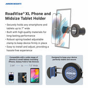 Promotional graphic for the RoadVise® Phone Holder with Car Headrest Mount, showcasing features, device compatibility, and two images securing a phone and tablet to the car headrest for convenient backseat use.