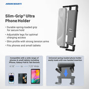 Promotional image for the Slim-Grip® Ultra Phone Holder with Windshield Suction Mount, featuring a spring-loaded grip, adjustable legs, slim profile, and secure suction base for easy phone mounting in your car.