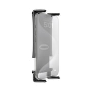 A smartphone held vertically in a black Slim-Grip® Ultra Phone Holder, viewed from the side, displays its screen and side buttons. The holder’s padded top and bottom grips are securely attached to an Arkon Dual T-Tab mount.