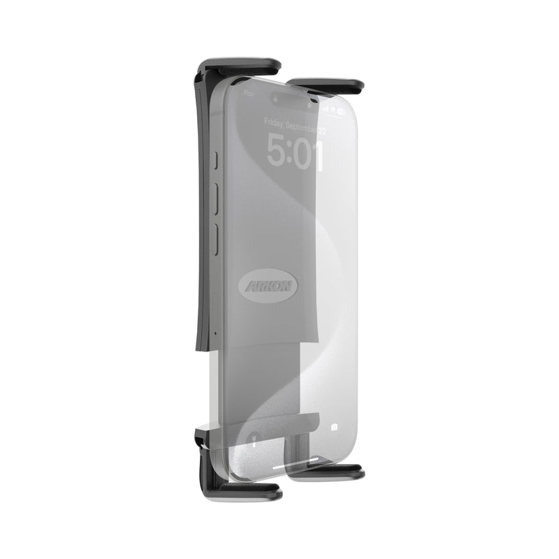 A smartphone held vertically in a black Slim-Grip® Ultra Phone Holder, viewed from the side, displays its screen and side buttons. The holder’s padded top and bottom grips are securely attached to an Arkon Dual T-Tab mount.