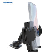 A smartphone stands upright in the Mega Grip™ Holder with Adhesive Mount. The background is white, with the Arkon Mounts logo in blue at the top left corner.