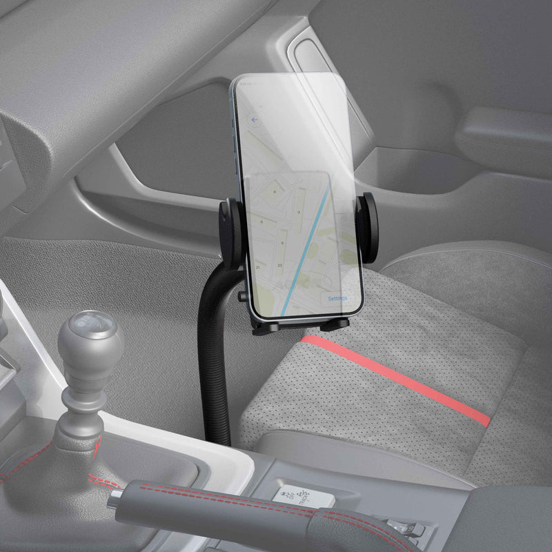 A smartphone with a navigation map is mounted on the Car or Truck Seat Rail or Floor Mega Grip™ Phone Holder Mount, attached near the gear shift and handbrake, with gray and red interior accents in view.
