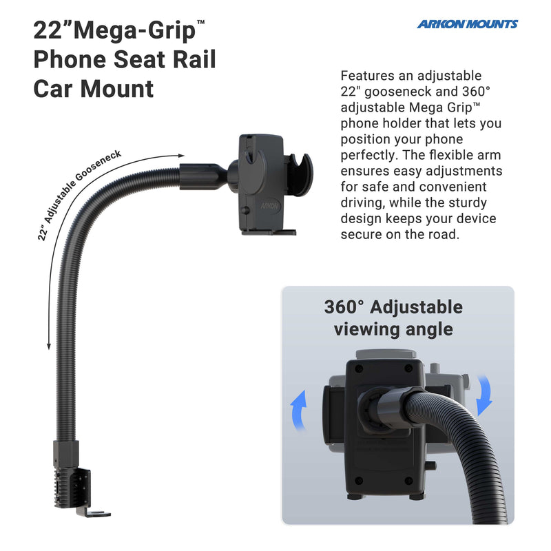 The Car or Truck Seat Rail or Floor Mega Grip™ Phone Holder Mount features a flexible gooseneck and 360° swivel for secure, adjustable phone positioning—ideal for safe and convenient in-car viewing in trucks or cars.