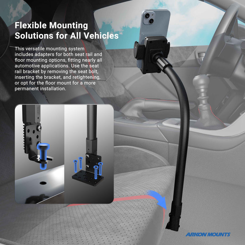The Car or Truck Seat Rail or Floor Mega Grip™ Phone Holder Mount features a flexible gooseneck arm, with adapters and screws for versatile installation on seat rails or floors, providing broad compatibility across vehicles. Insets show included mounting hardware.