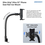The Slim-Grip® Ultra 22 Seat Rail or Floor Car Mount offers hands-free use and 360° rotation, securely holding your iPhone, Galaxy, Note, iPad, and more for convenient device positioning and adjustable viewing angles while you drive.