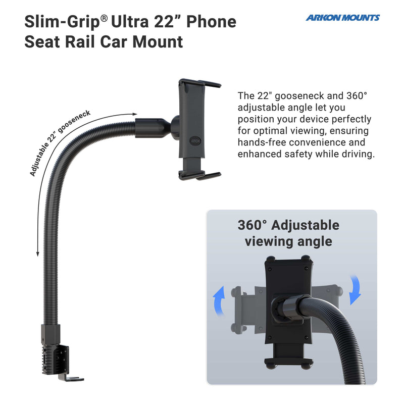 The Slim-Grip® Ultra 22 Seat Rail or Floor Car Mount offers hands-free use and 360° rotation, securely holding your iPhone, Galaxy, Note, iPad, and more for convenient device positioning and adjustable viewing angles while you drive.