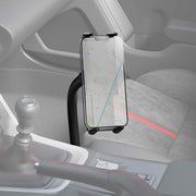 An iPhone on the Slim-Grip® Ultra 22 Seat Rail or Floor Car Mount displays a navigation map hands-free next to the gear shift and passenger seat.