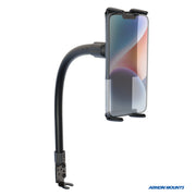 The Slim-Grip® Ultra 22 Seat Rail or Floor Car Mount securely holds a smartphone vertically with a clamp base for easy attachment. The Arkon Mounts logo appears in the bottom right corner.