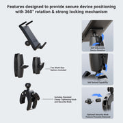Infographic shows Slim-Grip® Ultra Phone or Midsize Tablet Clamp Mount with Security Knob, featuring 360° adjustable rotation, 360° swivel, two shaft sizes, standard security knob clamp, and optional locking clamp mount.