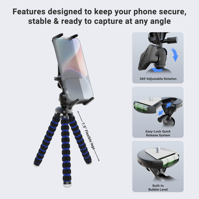The Slim-Grip® Ultra Tripod Mount for iPhone, Galaxy, Note & more features 360° adjustable rotation, an easy-lock quick release system, and a built-in bubble level for stable, creative phone use with secure angle adjustments.