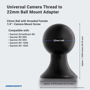 Universal camera thread to 22mm ball mount adapter with dimensions and compatibility details on a light gray background.