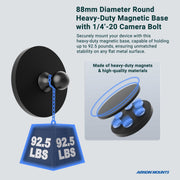 The 88mm Diameter Round Heavy-Duty Magnetic Base with 1/4-20 Camera Bolt securely holds a 92.5 lb weight, showcasing its strength. An inset reveals robust internal magnets and solid build for reliable camera mounting.