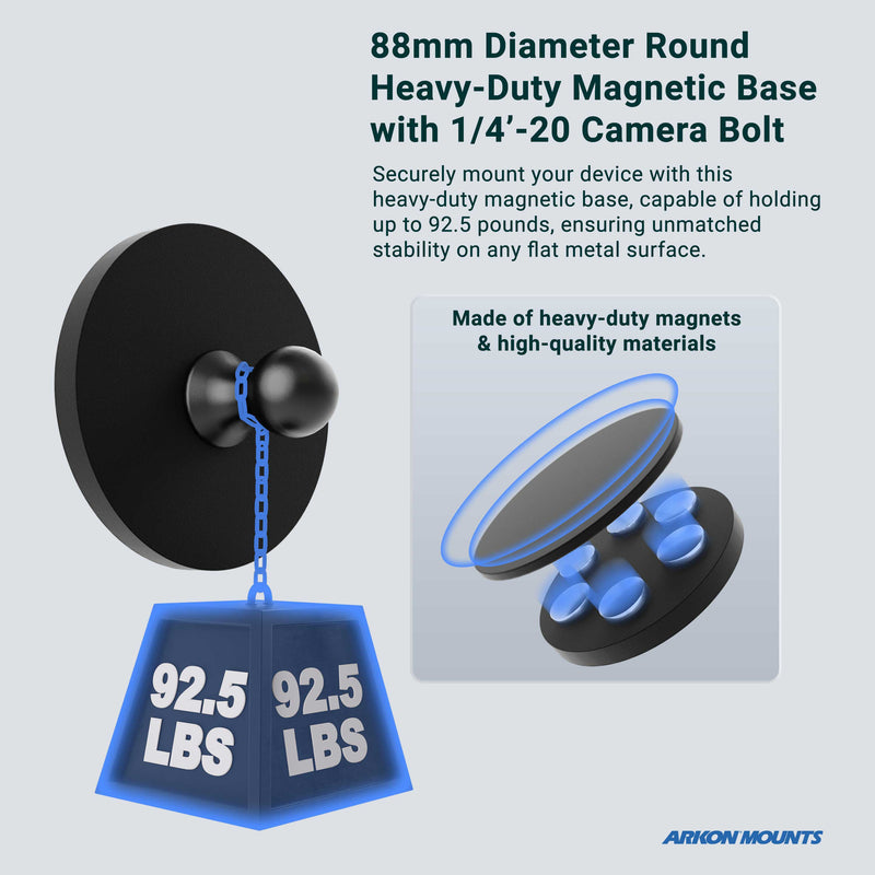 The 88mm Diameter Round Heavy-Duty Magnetic Base with 1/4-20 Camera Bolt securely holds a 92.5 lb weight, showcasing its strength. An inset reveals robust internal magnets and solid build for reliable camera mounting.