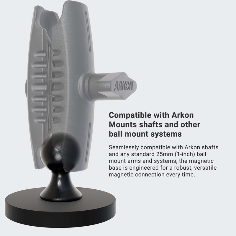 A black, adjustable 65mm Diameter Round Heavy-Duty Magnetic Base with 25mm (1-inch) ball, shown at an angle. Compatible with Arkon and standard 25mm ball mount systems; “Arkon” branding visible.