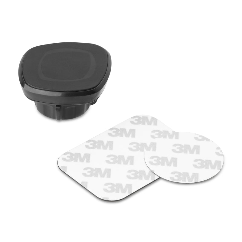 The Magnetic Phone Mount Kit for 17mm Ball End Mounts, made of black plastic and including two 3M adhesive pads (one rectangular, one circular), is displayed on a white background.