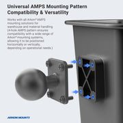 A black AMPS mounting plate with four screw holes is attached to a flat surface for the Large Barcode Scanner Gun Holster Holder. Blue arrows show hole positions for flexible horizontal or vertical mounting, allowing versatile installation options.