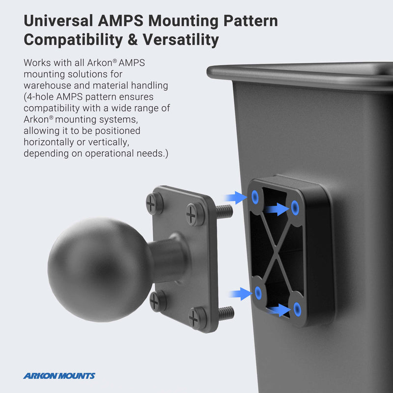 A black AMPS mounting plate with four screw holes is attached to a flat surface for the Large Barcode Scanner Gun Holster Holder. Blue arrows show hole positions for flexible horizontal or vertical mounting, allowing versatile installation options.