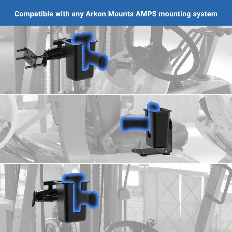 Three images display the Large Barcode Scanner Gun Holster Holder by Arkon Mounts in black and blue, mounted on different vehicle surfaces with various AMPS systems. Blue highlights with white text emphasize its universal scanner compatibility.