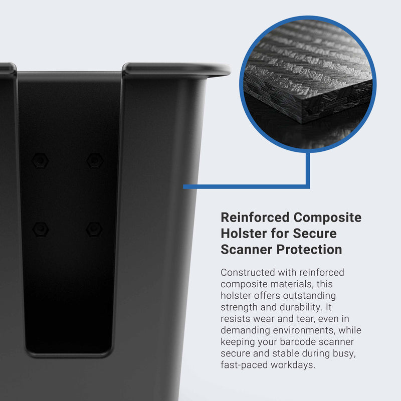 Close-up of the Large Barcode Holster Forklift Front Guard Mount with 5 Shaft, featuring its reinforced composite for durability and secure scanner protection—ideal for demanding warehouse environments.