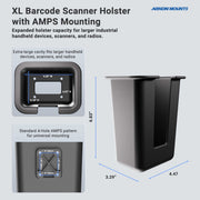 Universal Barcode Scanner Holster Holder by Arkon Mounts, featuring an AMPS mounting pattern. Diagram displays dimensions, device compatibility, and key features with labeled top and side views highlighting the universal holster’s AMPS hole pattern for versatile mounting. Arkon Mounts logo appears at the top right.