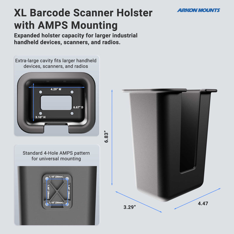 Universal Barcode Scanner Holster Holder by Arkon Mounts, featuring an AMPS mounting pattern. Diagram displays dimensions, device compatibility, and key features with labeled top and side views highlighting the universal holster’s AMPS hole pattern for versatile mounting. Arkon Mounts logo appears at the top right.