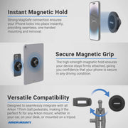 Infographic shows the Magnetic Phone Holder Console Wedge Mount - MagSafe Compatible in use with a phone, tablet, and tripod. Highlights include instant magnetic hold, secure grip, and versatile compatibility with Arkon mounts.