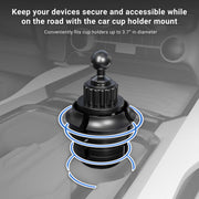 The Slim-Grip® Cup Holder Tablet Mount with 3.75 Shaft is shown installed in a car’s cup holder, with blue lines highlighting its adjustable fit. Text notes it secures devices and fits cup holders up to 3.7 inches in diameter.