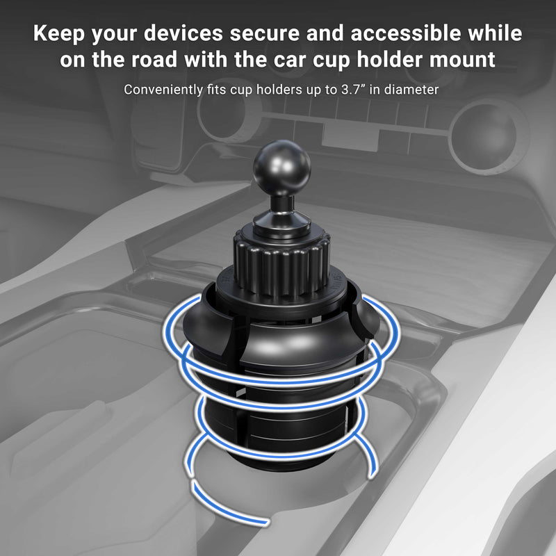 The Slim-Grip® Cup Holder Tablet Mount with 3.75 Shaft is shown installed in a car’s cup holder, with blue lines highlighting its adjustable fit. Text notes it secures devices and fits cup holders up to 3.7 inches in diameter.