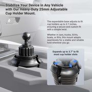 Heavy-duty adjustable cup holder mount with text on a vehicle interior background