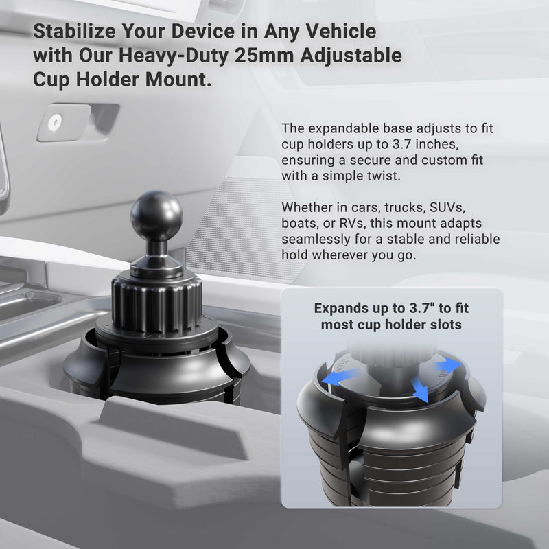 Heavy-duty adjustable cup holder mount with text on a vehicle interior background