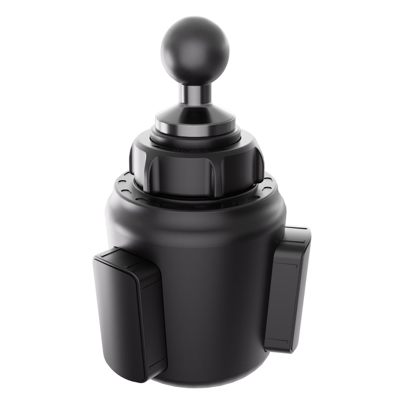 A black Arkon Mounts 25mm Ball Expandable Vehicle Cup Holder Mount Base featuring an expandable base and a 25mm ball joint on top.