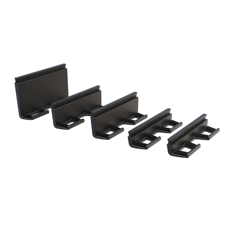Five black Slim-Grip® Ultra Pro replacement legs, L-shaped and plastic, arranged in a row with varying widths—perfect for holding cables neatly or as support legs for your tablet holder.