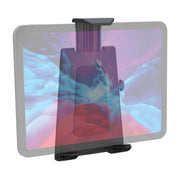 A black Universal Push-Button Tablet Holder is shown attached to a tablet with a colorful abstract screen. The clamp and base are visible, securely positioning the holder in place.