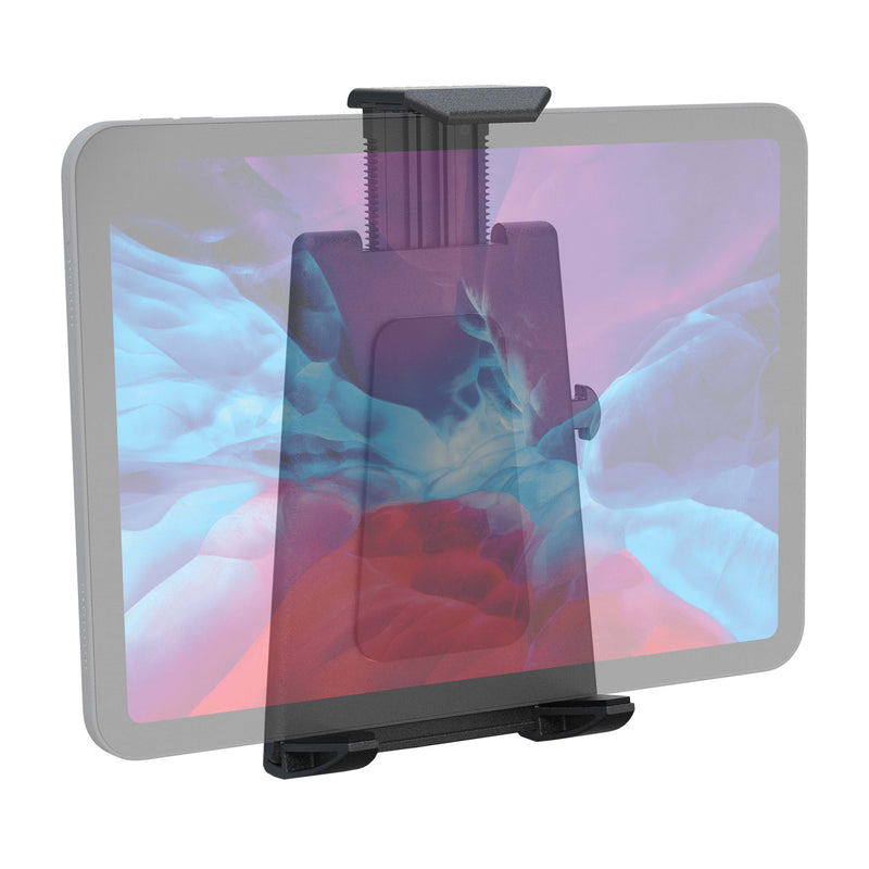 A black Universal Push-Button Tablet Holder is shown attached to a tablet with a colorful abstract screen. The clamp and base are visible, securely positioning the holder in place.