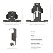 Technical specifications of a tablet stand with dimensions and material details on a white background.