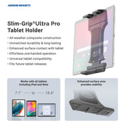 Promotional image for the Slim-Grip® Ultra Pro Universal Tablet Holder with Clamp Mount, a durable holder for 7.1–18.4 tablets featuring a strong grip, easy release, and universal clamp mount for secure attachment.