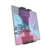 The Slim-Grip® Ultra Pro Universal Tablet Holder with Clamp Mount securely grips a tablet with a colorful screen at the top and bottom edges using its transparent, adjustable clamp mount.