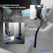 The Slim-Grip® Tablet Holder with Seat Rail Mount and 22 Bendable Arm attaches securely to your seat rail. Blue arrows guide installation steps. Text details flexible mounting for various vehicles, supporting both seat rail and floor setups.