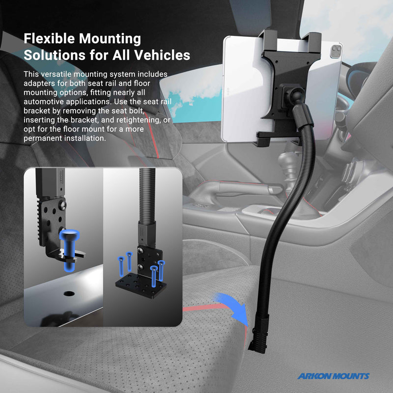 The Slim-Grip® Tablet Holder with Seat Rail Mount and 22 Bendable Arm attaches securely to your seat rail. Blue arrows guide installation steps. Text details flexible mounting for various vehicles, supporting both seat rail and floor setups.