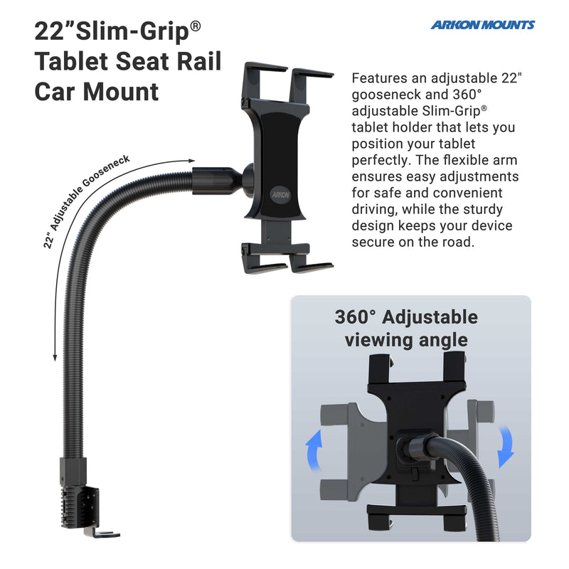 The Slim-Grip® Tablet Holder with Seat Rail Mount and 22 bendable arm secures to your car’s seat rail, offering a 360° adjustable viewing angle and secure grip for convenient in-vehicle tablet use.