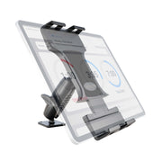 The Slim-Grip® Ultra Pro Universal Tablet Holder with an Aluminum Drill-Base Mount secures a white tablet displaying numbers and text. A semi-transparent overlay highlights the holders adjustable design features.
