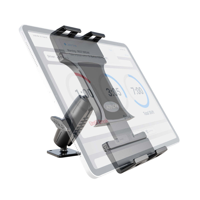 The Slim-Grip® Ultra Pro Universal Tablet Holder with an Aluminum Drill-Base Mount secures a white tablet displaying numbers and text. A semi-transparent overlay highlights the holders adjustable design features.