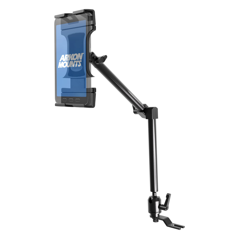 Arkon Mounts Seat Rail Mount with Slim-Grip® Ultra Pro Tablet Holder featuring a heavy-duty, long, multi-jointed arm and a bracket base for attachment to a vehicle seat rail.