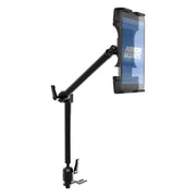 An Arkon Mounts Seat Rail Mount with Slim-Grip® Ultra Pro Tablet Holder featuring a long, articulated arm attached to a universal holder securing a smartphone.