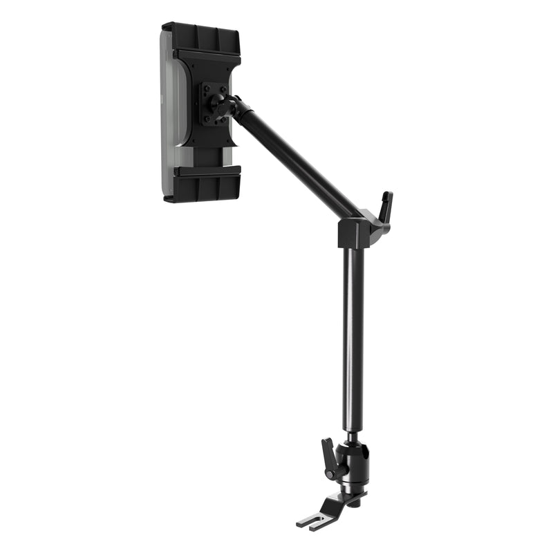 Arkon Mounts Seat Rail Mount with Slim-Grip® Ultra Pro Tablet Holder featuring a vertical support arm, a swivel ball joint, and a bracket for attaching to a vehicle seat rail.