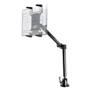 The Heavy-Duty Drill-Base Tablet Mount with 22 Arm, featuring a rotating holder and black adjustable arm, securely clamps to the table to hold a tablet displaying a timer app for flexible, stable positioning.