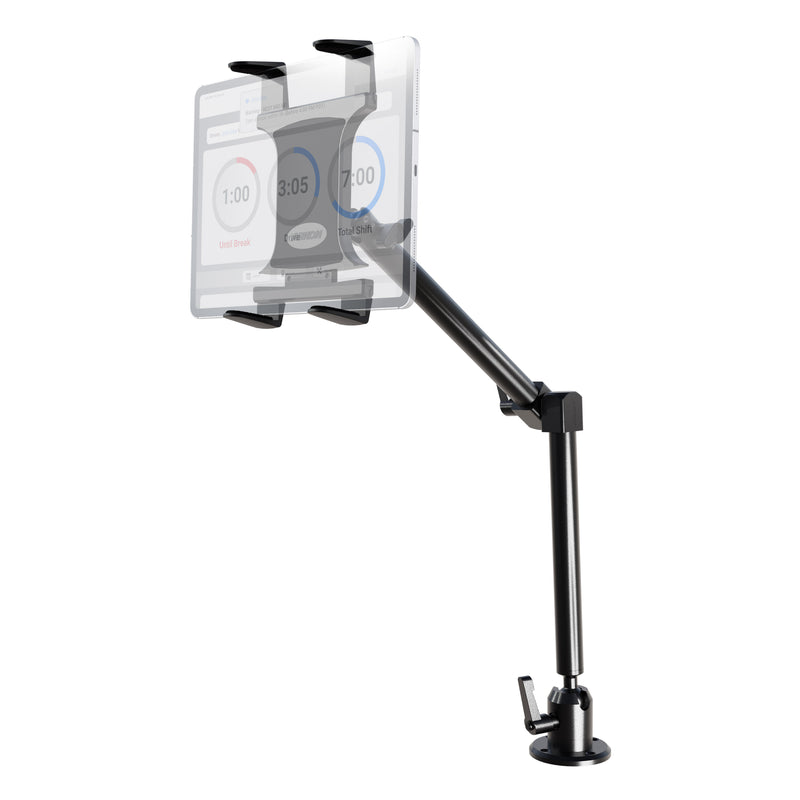 The Heavy-Duty Drill-Base Tablet Mount with 22 Arm, featuring a rotating holder and black adjustable arm, securely clamps to the table to hold a tablet displaying a timer app for flexible, stable positioning.