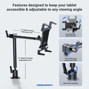 The Heavy-Duty Drill-Base Tablet Mount with 22 Arm features a fully adjustable tablet arm, 360° tablet rotation, 180° arm pivoting, and a 360° swivel base for flexible viewing. Arkon Mounts branding appears at the bottom.