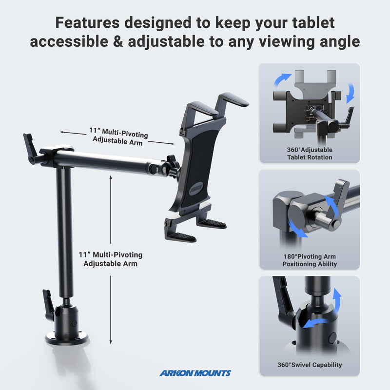 The Heavy-Duty Drill-Base Tablet Mount with 22 Arm features a fully adjustable tablet arm, 360° tablet rotation, 180° arm pivoting, and a 360° swivel base for flexible viewing. Arkon Mounts branding appears at the bottom.
